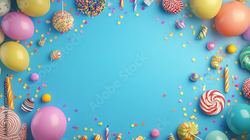 Obraz na płótnie Top view birthday party background with colorful serpentine, balloons, candles, candies, and confetti on blue - perfect for celebrations, party invitations, and event decor w salonie