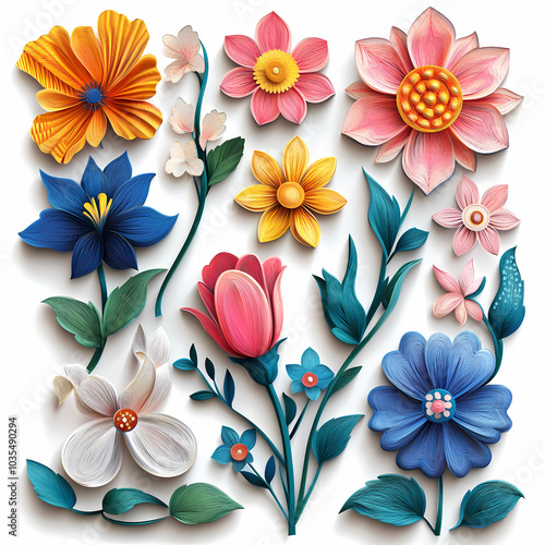 Set Flowers decorative 3d vector papercut