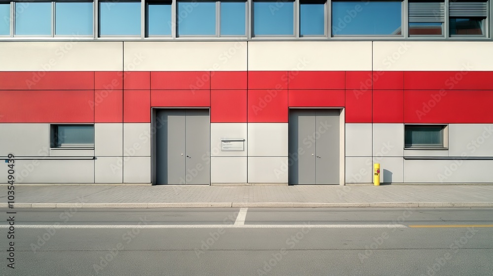 Obraz premium Modern double gate with gray and red colors in front of factory building