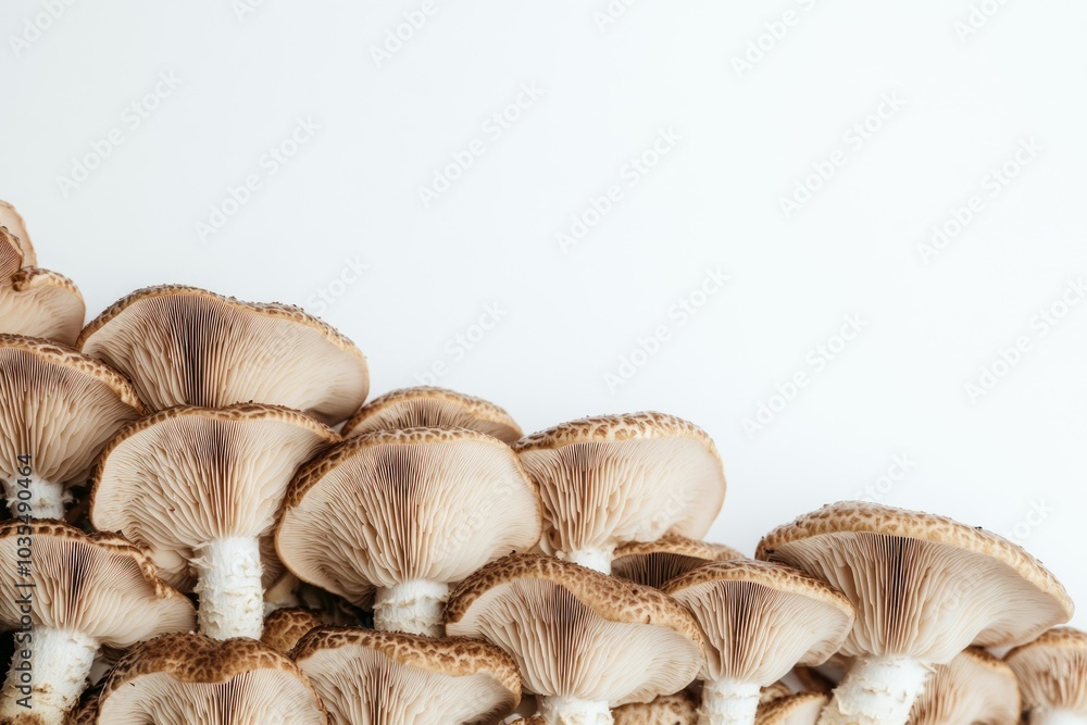 Beautiful Arrangement of Brown Mushrooms on White Background Beautiful Arrangement of Brown Mushrooms on White Background