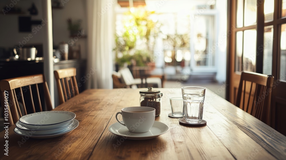 Coffee and Water on a Wooden Table. Coffee and Water on a Wooden Table.