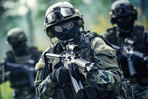 Chinese soldier in tactical gear aims weapon while on patrol in a forested area, showcasing preparedness and military training during a joint exercise