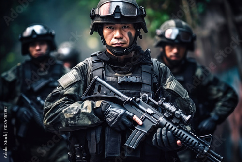 A Chinese soldier stands in formation during a military training exercise in a dense forest environment, with his comrades closely positioned behind him