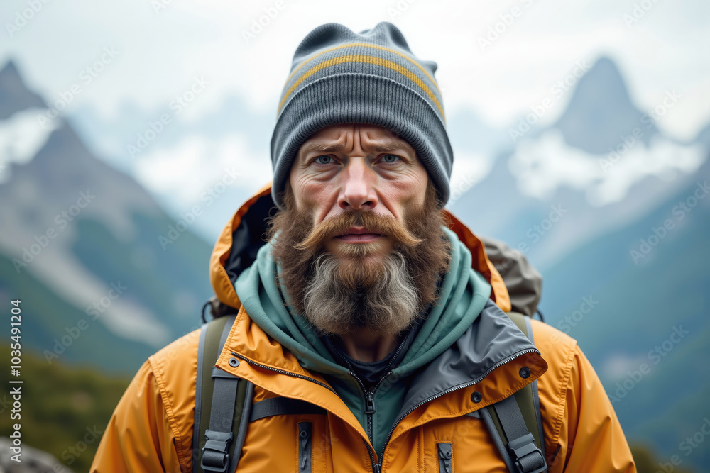 Experienced hiker posing in the mountains on cloudy day Experienced hiker posing in the mountains on cloudy day