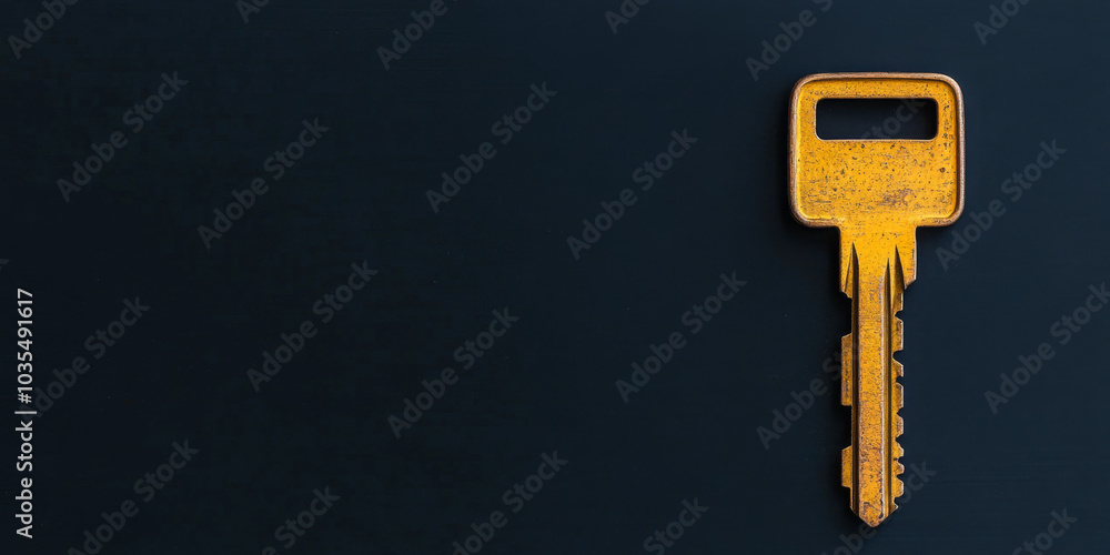 A close-up view of an old yellow key resting on a dark surface, showcasing age and wear A close-up view of an old yellow key resting on a dark surface, showcasing age and wear
