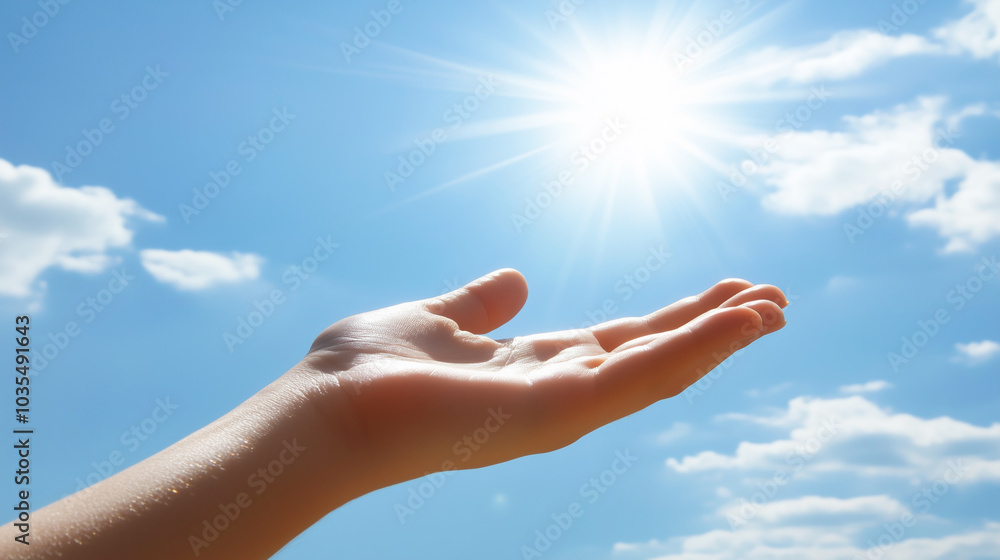 Open hand reaching toward bright sun in clear blue sky Open hand reaching toward bright sun in clear blue sky