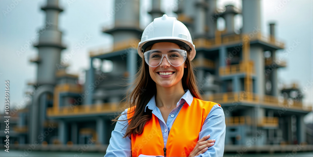 A female employee working with self-confidence in construction, heavy industry or production A female employee working with self-confidence in construction, heavy industry or production