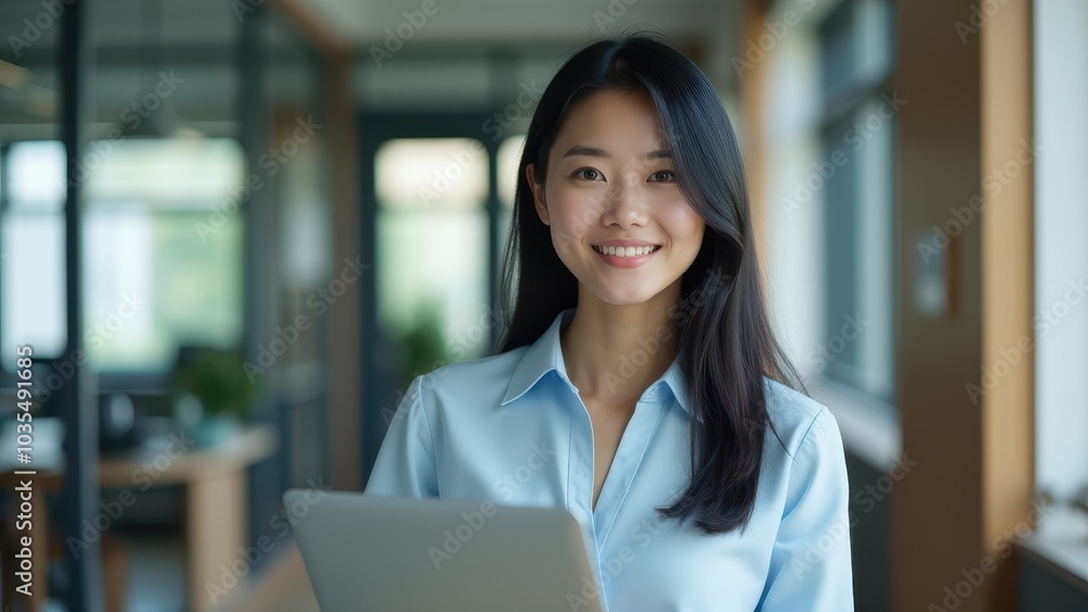 Cheerful Businesswoman Smiling with Tablet in Bright Office Environment Cheerful Businesswoman Smiling with Tablet in Bright Office Environment
