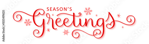 SEASON'S GREETINGS red vector brush calligraphy banner with snowflakes on white background