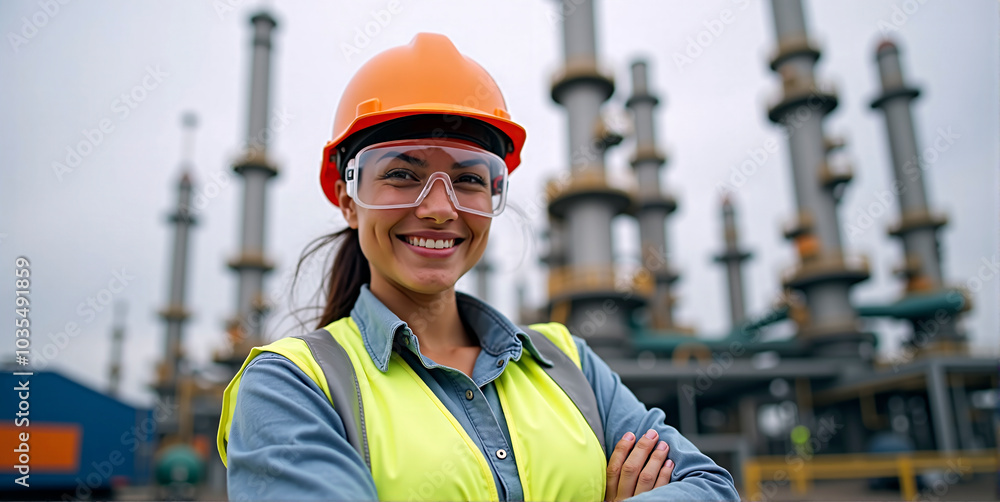 A female employee working with self-confidence in construction, heavy industry or production A female employee working with self-confidence in construction, heavy industry or production