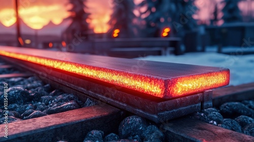 Develop a new heat treatment cycle to optimize the hardness and toughness of tool steels, A glowing steel rail on a railway track during sunset, surrounded by stones and trees photo