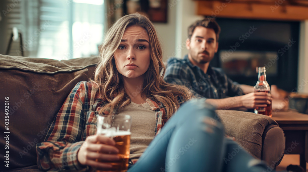 A young woman feels frustration as her husband drinks excessively on the sofa in their rustic living space, reflecting challenges in family dynamics A young woman feels frustration as her husband drinks excessively on the sofa in their rustic living space, reflecting challenges in family dynamics