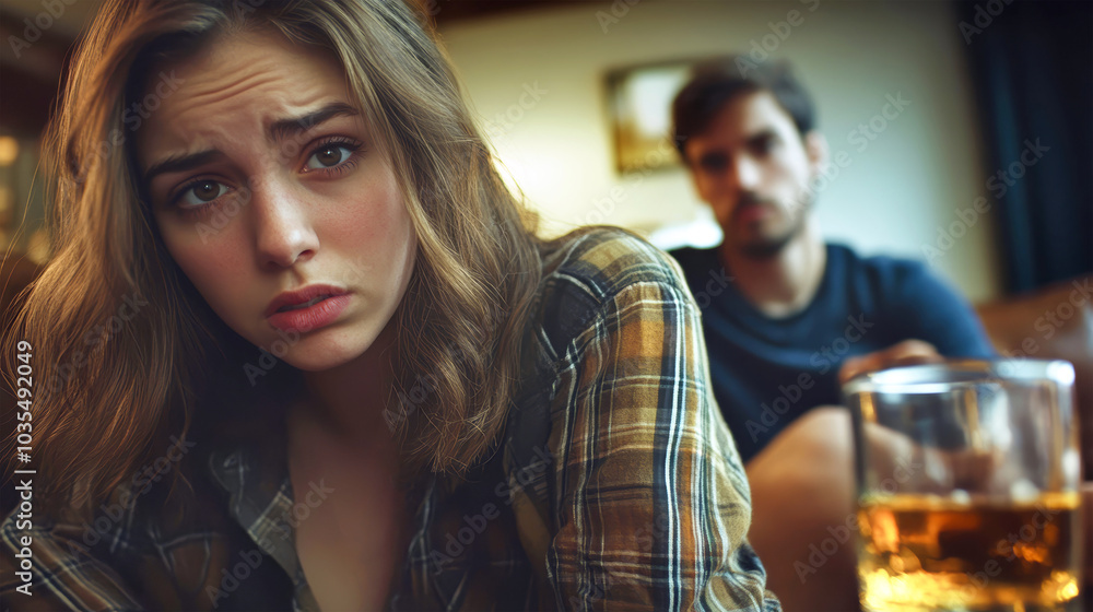 Young woman expresses sadness and frustration while sitting beside her husband, who is drinking alcohol on the sofa during a quiet evening at home Young woman expresses sadness and frustration while sitting beside her husband, who is drinking alcohol on the sofa during a quiet evening at home