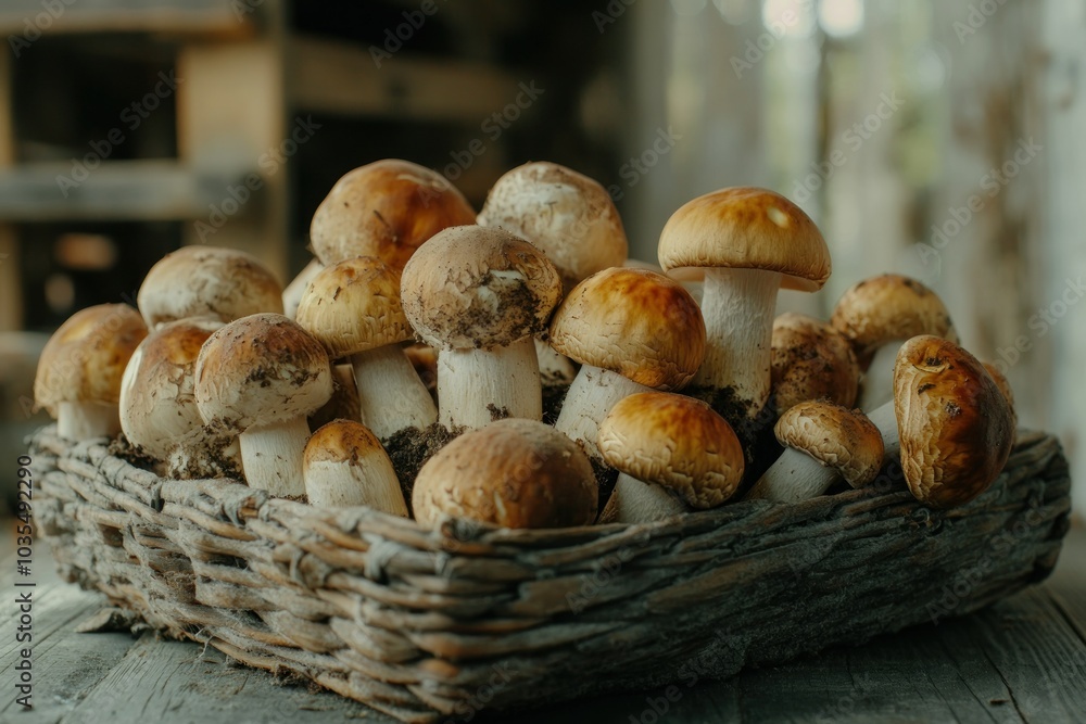 Fresh Vibrant Mushrooms in Rustic Basket Arrangement Fresh Vibrant Mushrooms in Rustic Basket Arrangement