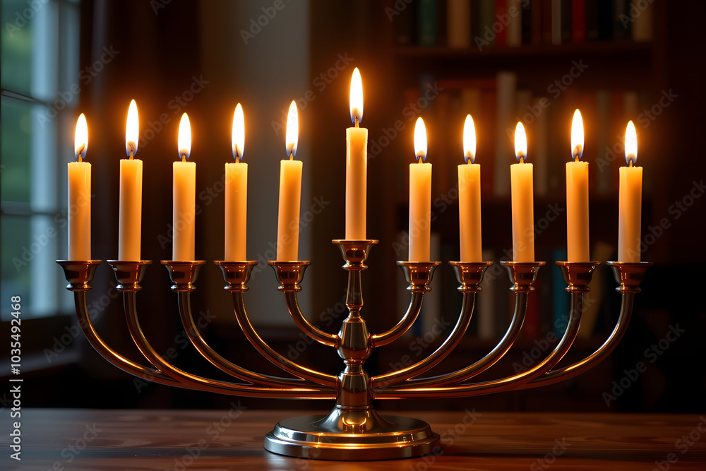Lit menorah with candles glowing in cozy room for Hanukkah celebration Lit menorah with candles glowing in cozy room for Hanukkah celebration