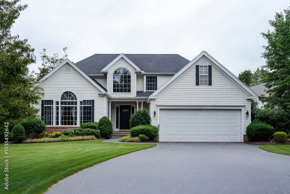 Charming suburban home in a quiet neighborhood with a landscaped yard under overcast skies Charming suburban home in a quiet neighborhood with a landscaped yard under overcast skies