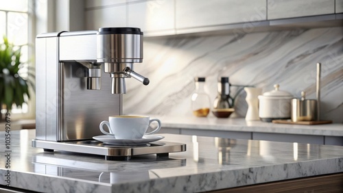 A modern stainless steel espresso machine with a steaming cup of coffee on a white marble countertop in a sleek kitchen