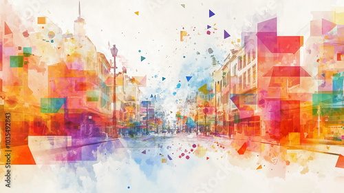 Vibrant street view in a colorful artistic style capturing a lively city atmosphere on a bright sunny day