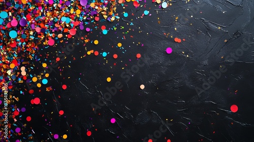 Top view of slate board with colorful confetti on black background - perfect for party invitations, celebration themes, and event decorations - space for text photo