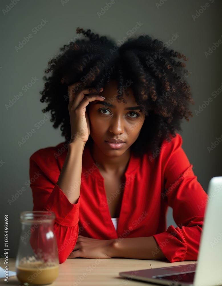 Young Woman in Red Shirt Looking Concerned While Working on Laptop Young Woman in Red Shirt Looking Concerned While Working on Laptop