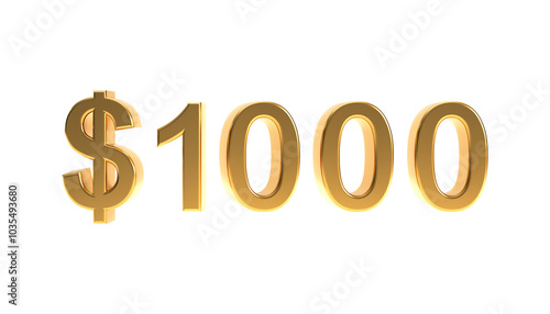 Golden 1000 dollars png, gold one thousand $ or grand isolated on transparent background, 3d rendering.