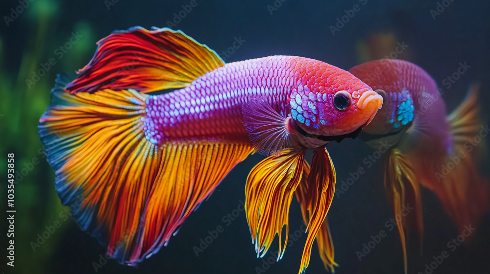 Obraz premium A colorful betta fish interacting with its reflection