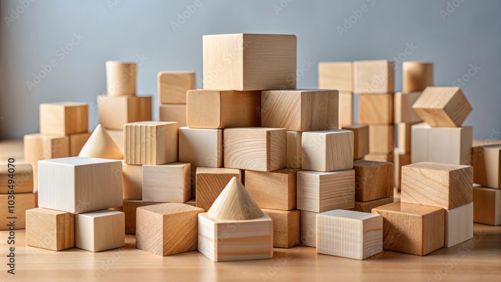 Fototapeta premium A Pile of Natural Wood Blocks in Various Shapes and Sizes Arranged in a Random and Playful Manner