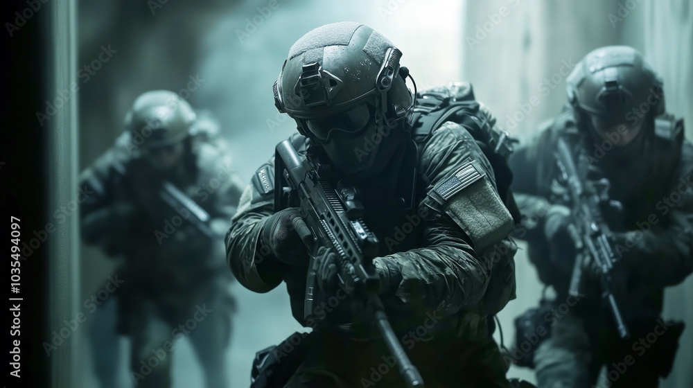 Special forces operatives in tactical gear advancing with weapons in urban operations Special forces operatives in tactical gear advancing with weapons in urban operations