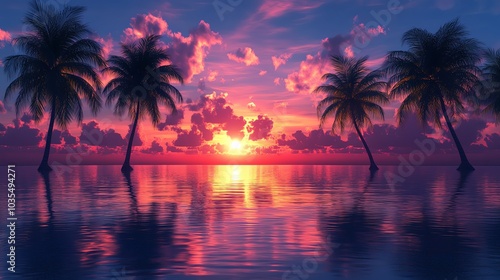 Breathtaking sunset over tranquil water with silhouetted palm trees.