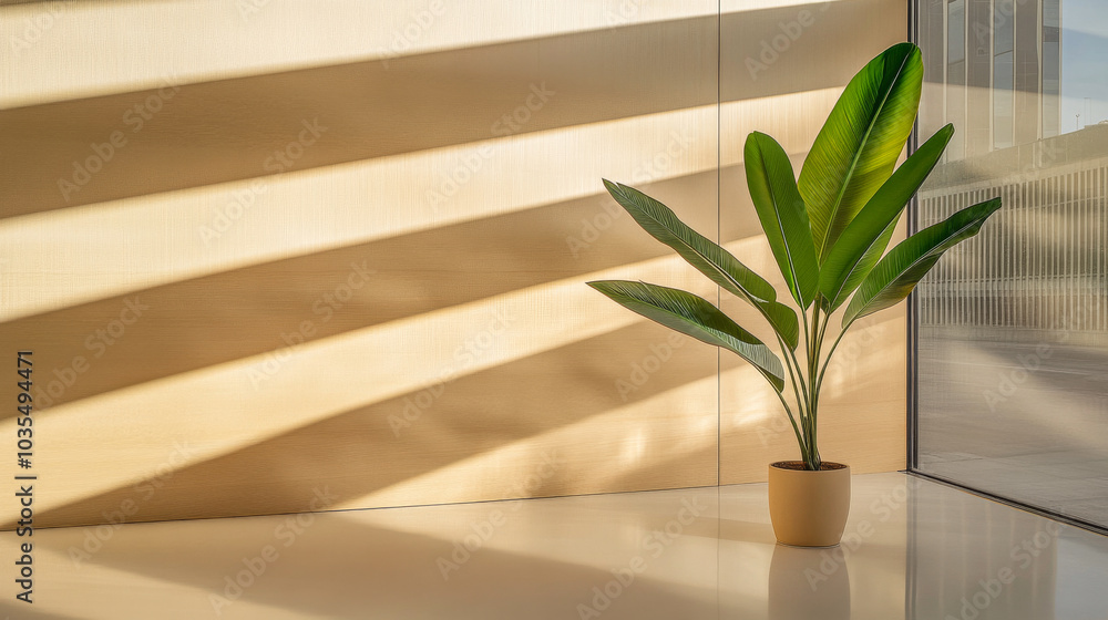Bright indoor plant positioned near a sunlight-filled window casts shadows on a smooth surface Bright indoor plant positioned near a sunlight-filled window casts shadows on a smooth surface