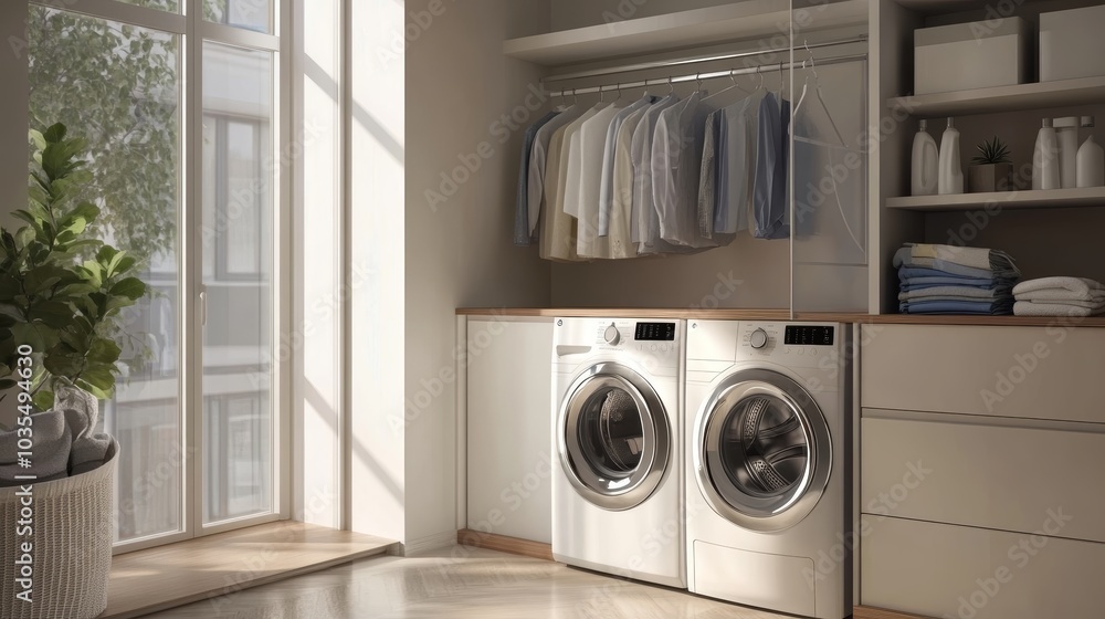 Modern laundry room with washing machine and dryer. Modern laundry room with washing machine and dryer.