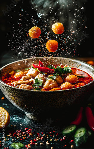 Bol de soupe avec boulettes en suspension photo