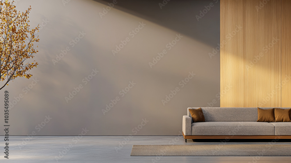 Fototapeta premium Modern living room interior with minimalist design featuring a cozy couch and natural elements