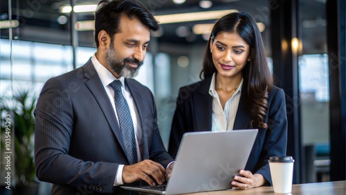 An Indian businessman and businesswoman collaborating on a project. 