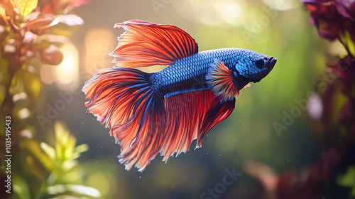 A colorful betta fish in a planted aquarium