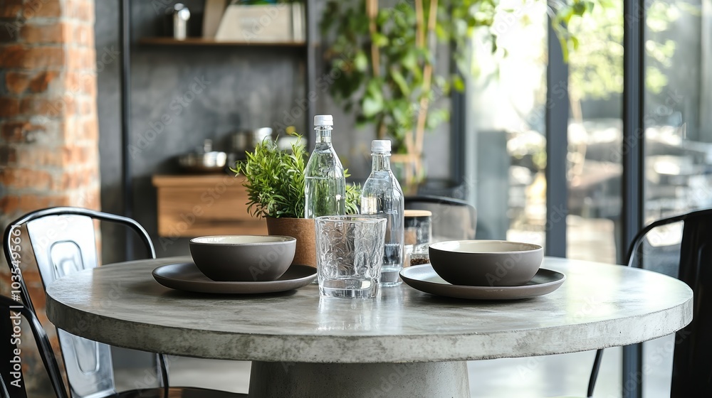 Fototapeta premium Modern Kitchen Table Setting with Glass of Water and Bowls.