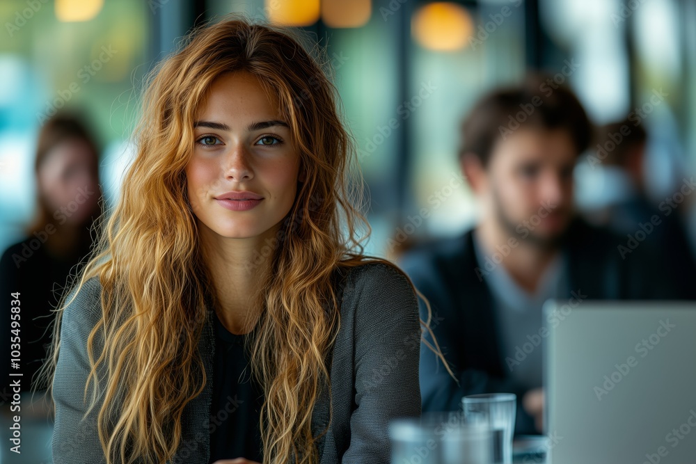 Young Caucasian woman with long wavy hair, smiling confidently in a modern caf� setting. Young Caucasian woman with long wavy hair, smiling confidently in a modern caf� setting.