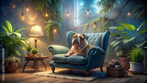 Overweight Bulldog Relaxing in Plush Blue Armchair - Surreal Pet Photography photo