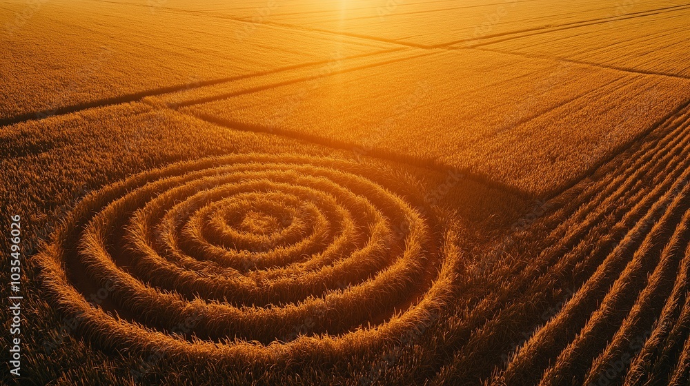 Naklejka premium This aerial perspective reveals stunning geometric crop circles intricately designed in golden fields during sunset, highlighting agricultural creativity and mystery. Generative AI