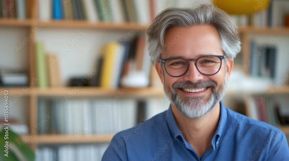 Fototapeta premium Smiling middle-aged professor in library setting