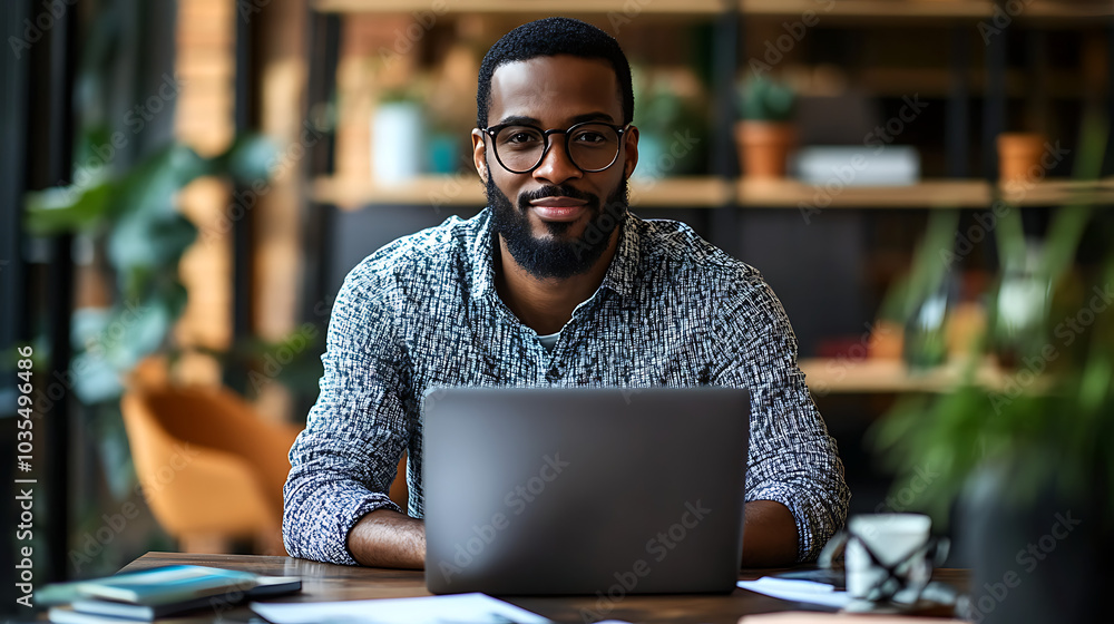 A man wearing glasses sits at a desk with a laptop open in front of him A man wearing glasses sits at a desk with a laptop open in front of him