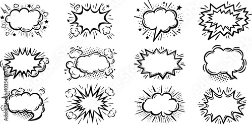 Set of hand drawn elements doodle comics isolated on white background. Empty frames for your text of different shapes