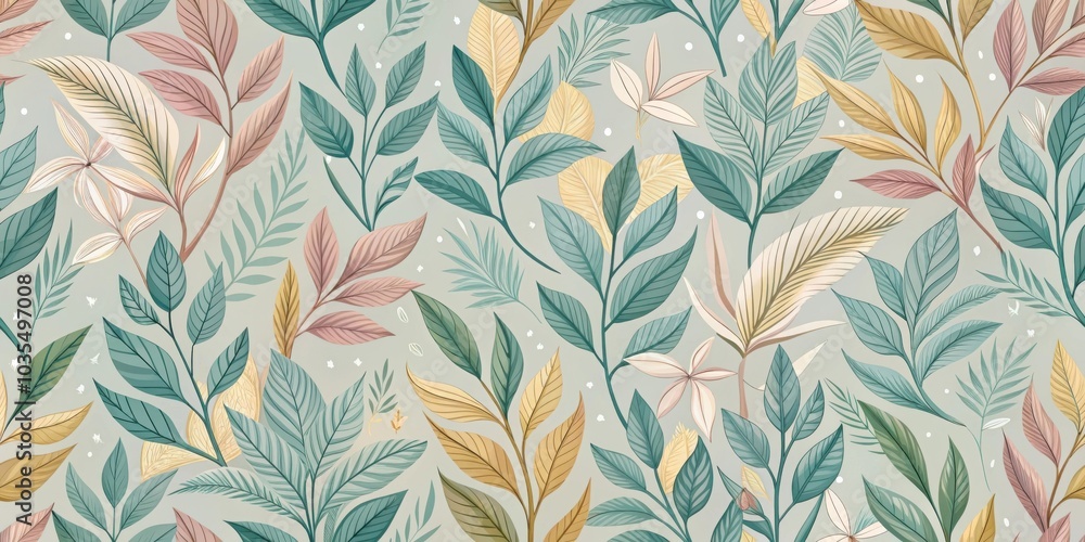 Seamless pattern of delicate, stylized leaves in shades of green, pink, and yellow against a light gray background Seamless pattern of delicate, stylized leaves in shades of green, pink, and yellow against a light gray background