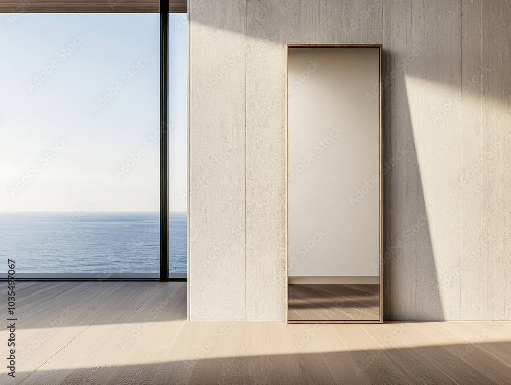 A serene coastal view through a modern interior reflecting natural light and tranquility A serene coastal view through a modern interior reflecting natural light and tranquility