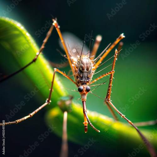 Delicate Mosquito Perched on a Green Leaf Edge