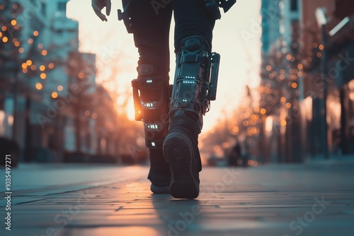 A person confidently strides through a city street adorned with glowing lights from trees, showcasing the capabilities of an exoskeleton during the evening. Generative AI photo