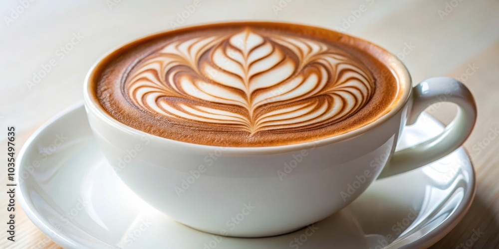 A close-up view of a cup of latte art coffee with a delicate leaf design, showcasing the artistry and beauty of coffee preparation.