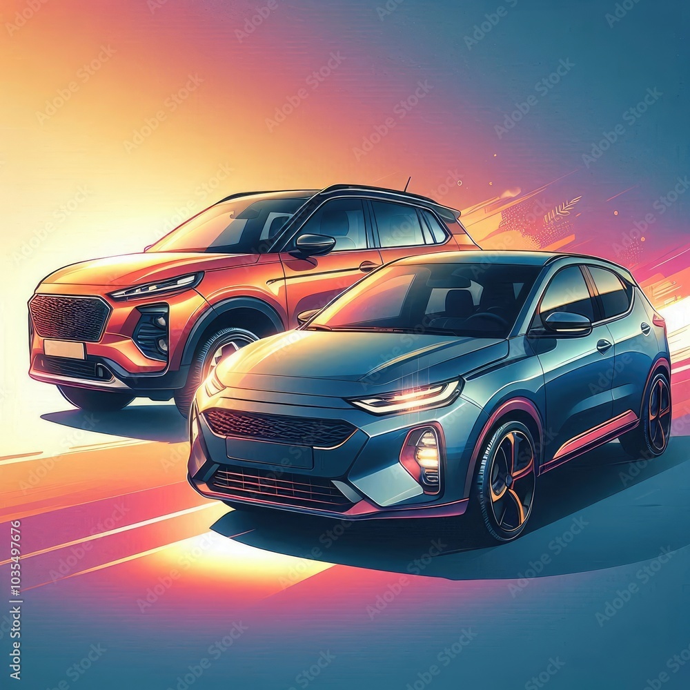 Naklejka premium Illustrate a vibrant scene featuring two stylish cars: a compact hatchback in the foreground with a sharp front view and a sleek crossover showcased in profile beside it. ai