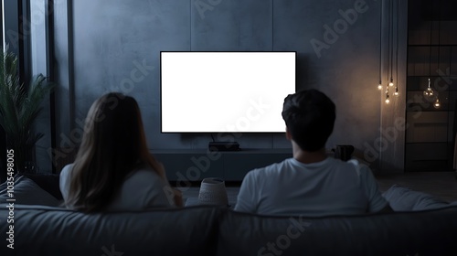 A couple is sitting on a couch, watching a blank TV screen.

