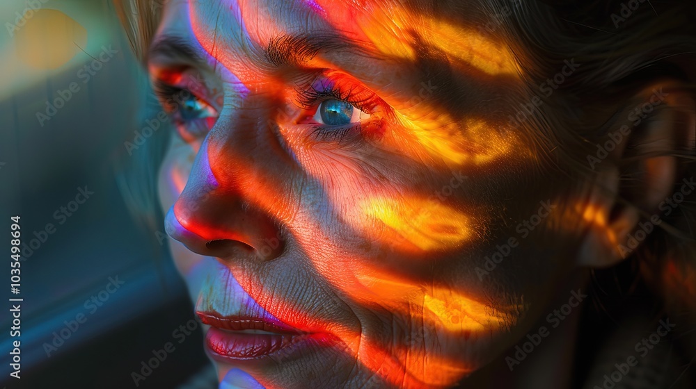 close up shot of a middle age woman with the subtle colorful stripe lights across her face, cinematic shot , Generative Ai close up shot of a middle age woman with the subtle colorful stripe lights across her face, cinematic shot , Generative Ai